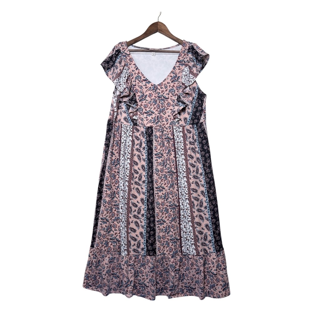 Cato Midi Dress Women 14/16W Pink Floral Paisley Ruffle Patchwork V-Neck